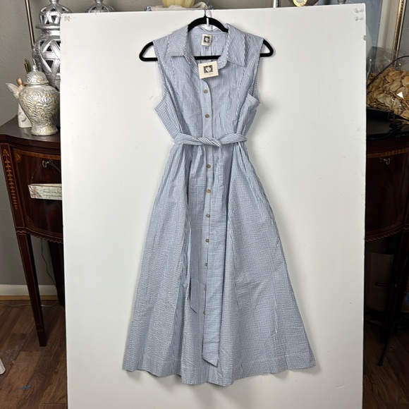 Anne Klein SEERSUCKER White&Blue Dress w/Pockets Self Tie NWT SZ 12 Classic - Picture 7 of 11
